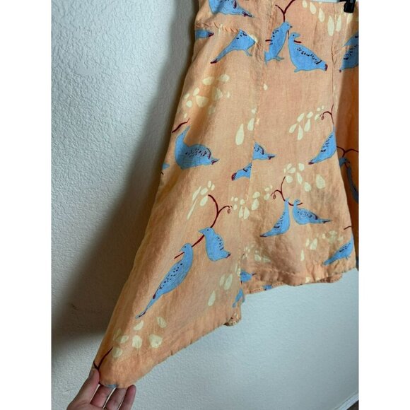 Anthropologie Meadow Rue Skirt Size 14 Linen Knee Length Peach Blue Bird A Line - Picture 2 of 9